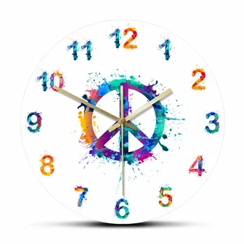 

Peace Symbol In Watercolor Splashes Decorative Wall Clock Peace and Love Home Decor Hanging Silent Wall Watch Housewarming Gift