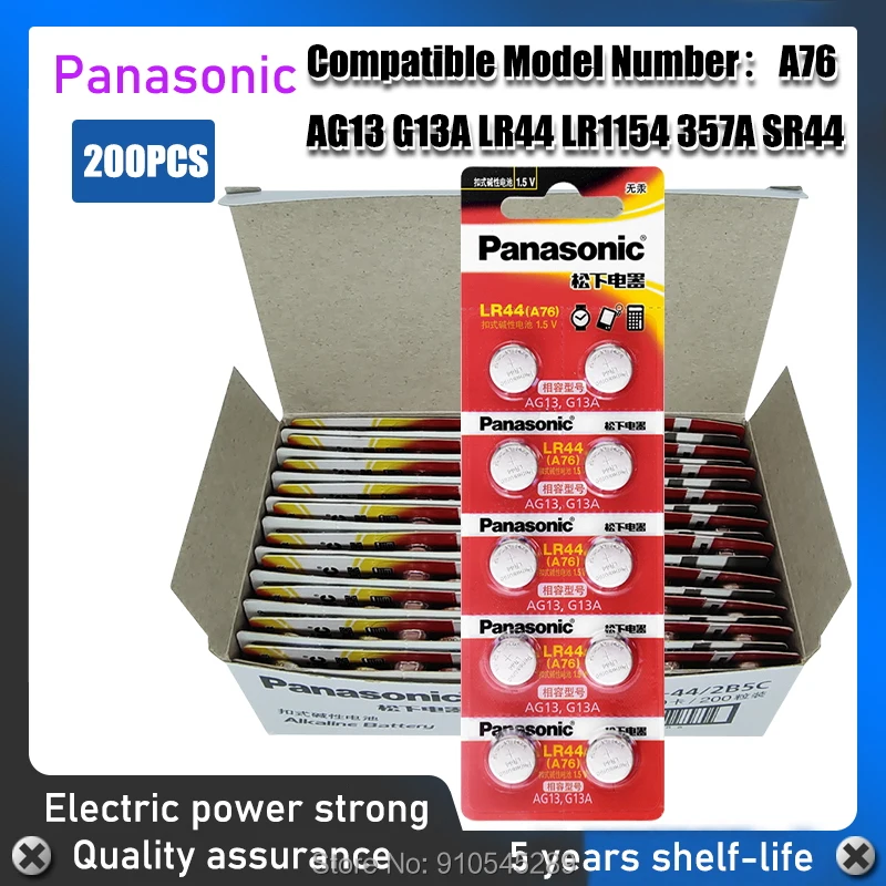 200pcs Panasonic AG13 LR44 357 Button Batteries R44 A76 SR1154 LR1154 Cell Coin Alkaline Battery