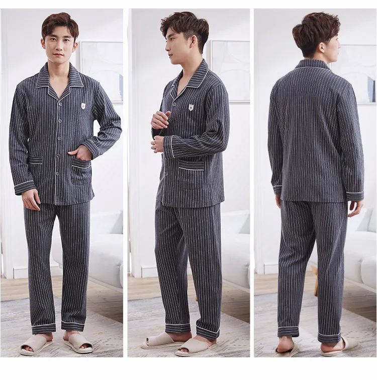 mens christmas pjs Men Sleepwear Pajamas Set for Men Casual Home Clothe Autumn Winter Nightwear Suit Full Sleeve Long Pants Striped Pyjamas Set cotton pyjama set