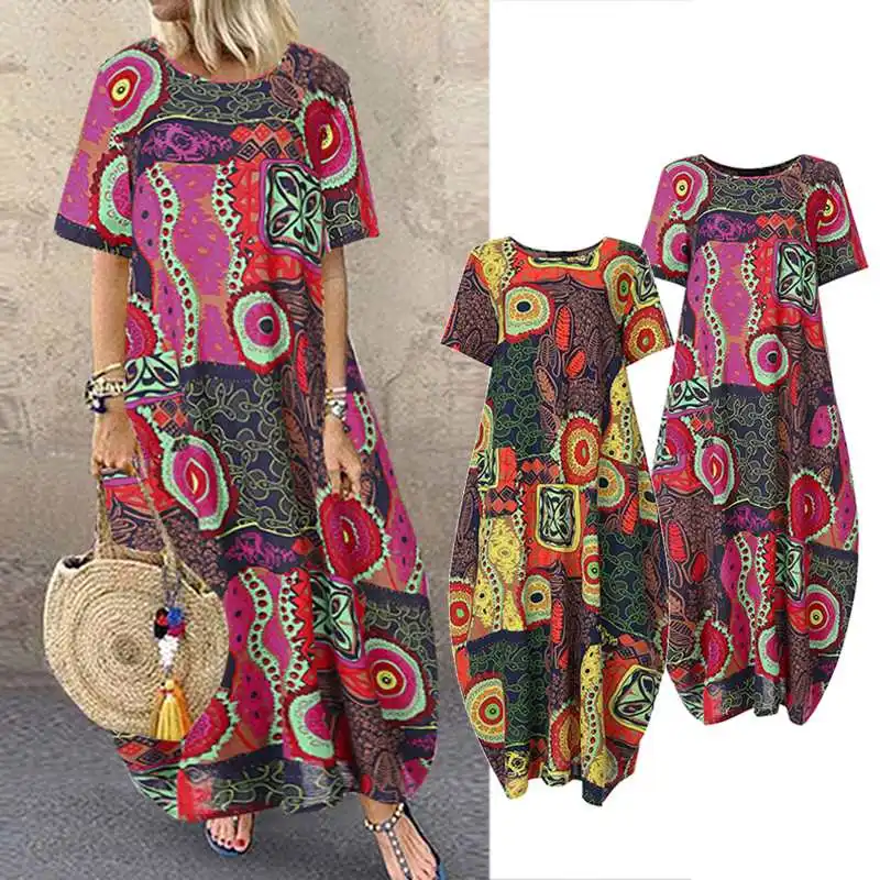 ZANZEA хлопковое белье Длинное Макси Dess женское богемное летнее мешковатое Vestidos винтажный пляжный сарафан с принтом Длинные платья-рубашки