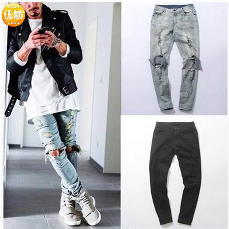 

2017 New Style Elasticity Men's Jeans Washing with Holes Skinny Men's Trousers Medium Waist Trend Skinny Pants