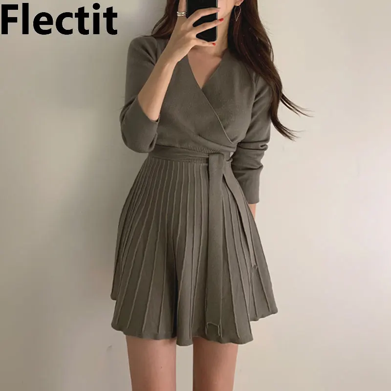 Женское трикотажное платье Flectit плиссированное мини-платье с завязками на талии