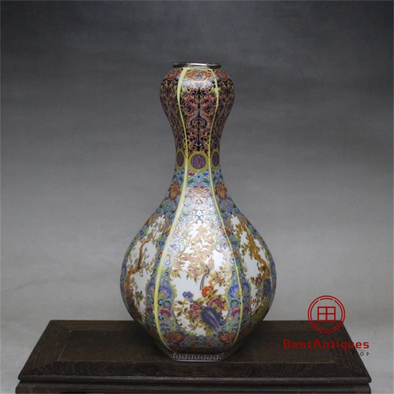 

Qing Yongzheng Imperial Enamel Flower and Bird Garlic Bottle Flower Vase Antique Vase Decoration Porcelain Collection Home Decor
