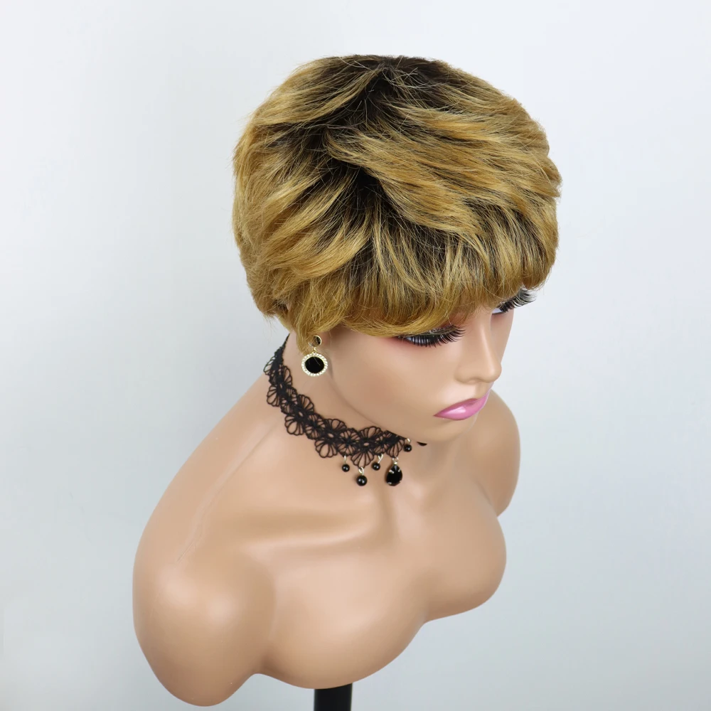Perucas de Cabelo Brasileiro para Preto Humano Curto Pixie Corte Reto Remy Cabelo Mulher Máquina Feita Perucas Cor Preta Barato Glueless Peruca 113 High Quality Apliques e perucas