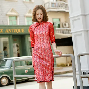 

Lace Mandarin Collar Women Evening Party Dress Half Sleeve Vintage Button Qipao Print Flower Split Sexy Spring New Cheongsam