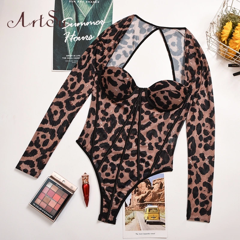 Angels Secret Sexy otoño Bodysuit leopardo mujeres negro manga larga Sexy Bodycon hacia fuera mono AG41199