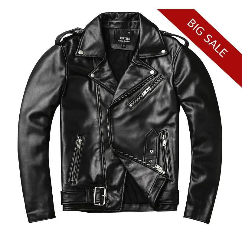 

2020 Black Men Slim Fit Biker's Leather Jacket Plus Size XXXXL Genuine Sheepskin Russian Autumn Motorcycle Leather Coat