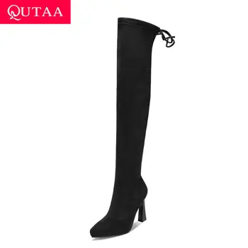 

QUTAA 2020 Stretch Flock Lace Up Over The Knee High Boots Sexy Pointed Toe Hoof Heel Mid Calf Boots Winter Women Shoes Size34-39