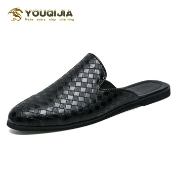 

New Fashion Men Half Loafers Pu Leather Slippers Weaving Loafer Slides Breathable Mules For Man Outdoor Lightweight Half Shoes