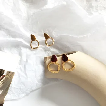 

S925 needle Women Jewelry Earrings Golden Plating Red Cream Enamel Beaten Surface Metal Drop Earrings Fashion Jewelry Gifts