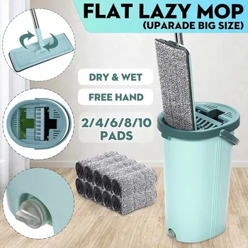 

Hand Free Wringing Flat Squeeze Mop with Bucket Reusable Microfiber Pads Spray House Wooden Floor Cleaning Lazy Mops