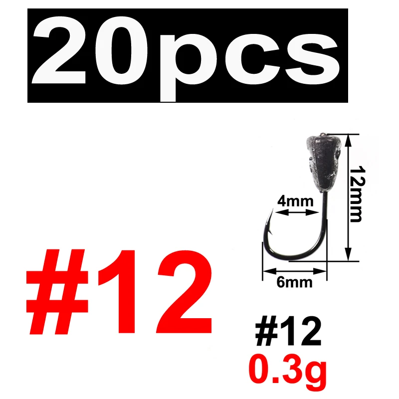 20pcs size 12 0.3g Bimoo, 20 шт., 1 г, 0,7 г, 0,5 г, 0,3 г, Джиги для подледной рыбалки, открытые свинцовые крючки, крючок для зимней рыбалки - Цвет: 20pcs size 12 0.3g