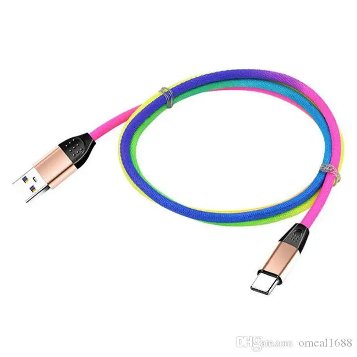 Colorful 1m/3ft USB cables Fast Charging 2A High Quality Rainbow Data Cable for Android Phone Type C S8 S9 S10 NOTE 8 NOTE 9