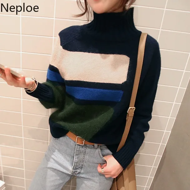 Neploe Pull Femme Водолазка трикотажные топы мода длинный рукав женщины осень зима свитер контрастный цвет пуловер Джемпер 54335