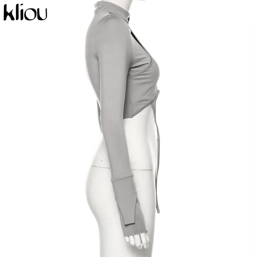 Kliou модный однотонный серый облегающий укороченный топ с высоким воротом для женщин осень новая шелковистая Удобная футболка Верхняя лента уличная одежда