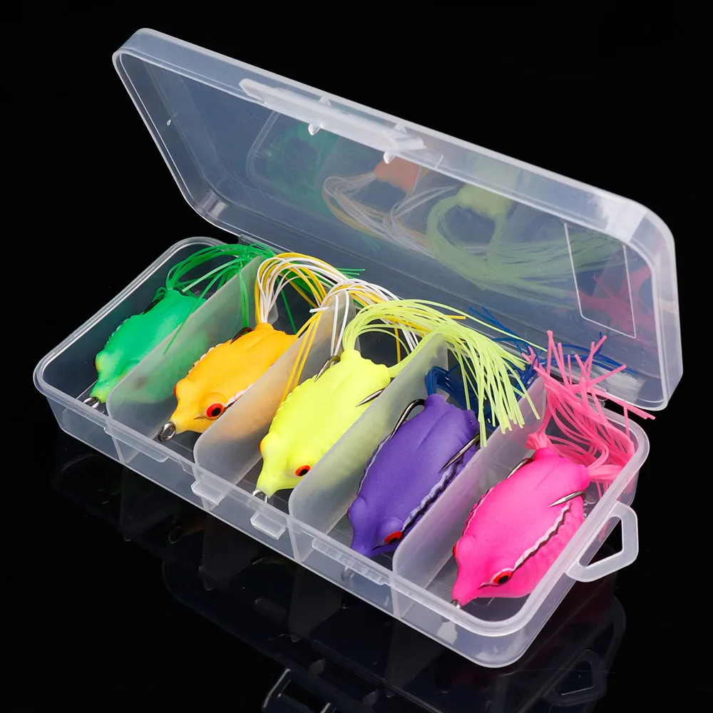 TREHOOK 5pcsBox Ray Frog TopWater Wobblers Pike Fishing Lures Set Of Soft Lure Shad Artificial Bait Silicone Frog For Fishing 07