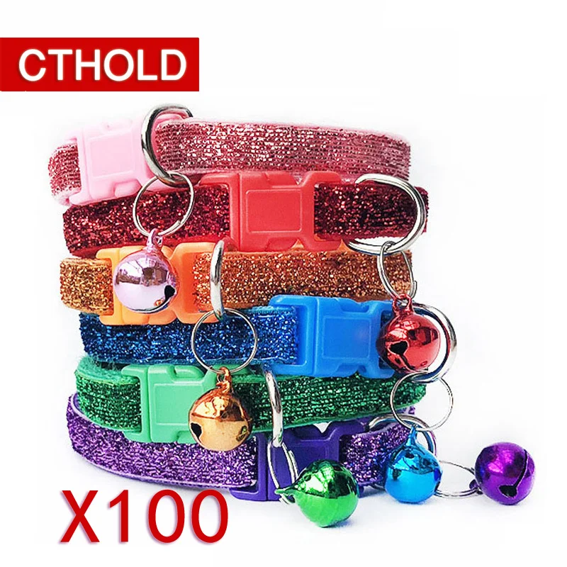 CTHOLD, 100 шт./лот, регулируемый блестящий ошейник для щенков с колокольчиком, новинка, 1 см, цветная Пряжка для пудры, модный галстук для котенка, для питомца, собаки, кошки
