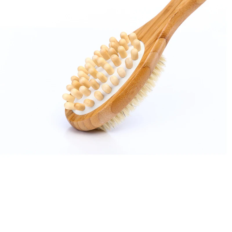 40cm 2-in-1 Double Sided Natural Bristle Bamboo Long Handled Bath Shower Back Spa Massage Dry Skin Body Tool