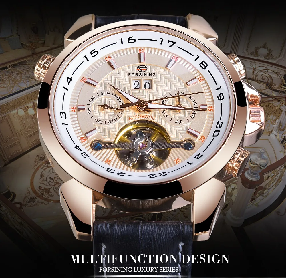Forsining Rose Golden Tourbillon Мужские деловые часы Автоматические Большие Аналоговые часы с датой из натуральной кожи деловые спортивные часы Relogio