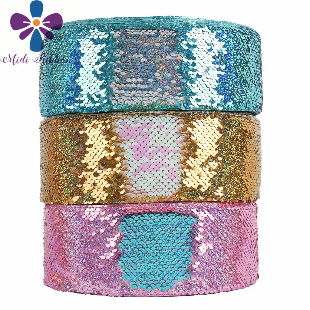 

3"75mm Double Color Reversible Sequin Ribbon Hologram Silver Blue DIY Wedding Gift Bowknot Hair Band Making 25yards/roll