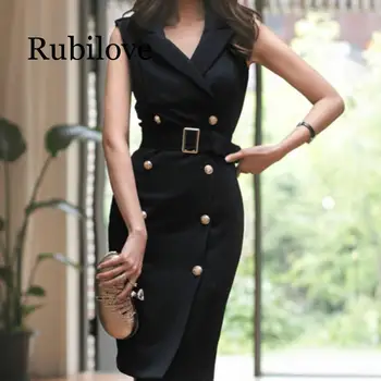

2019 Women Summer Office Lady Belted Vestidos Sleeveless Work Wear Slim Double Button Sexy korean fashion style Dress