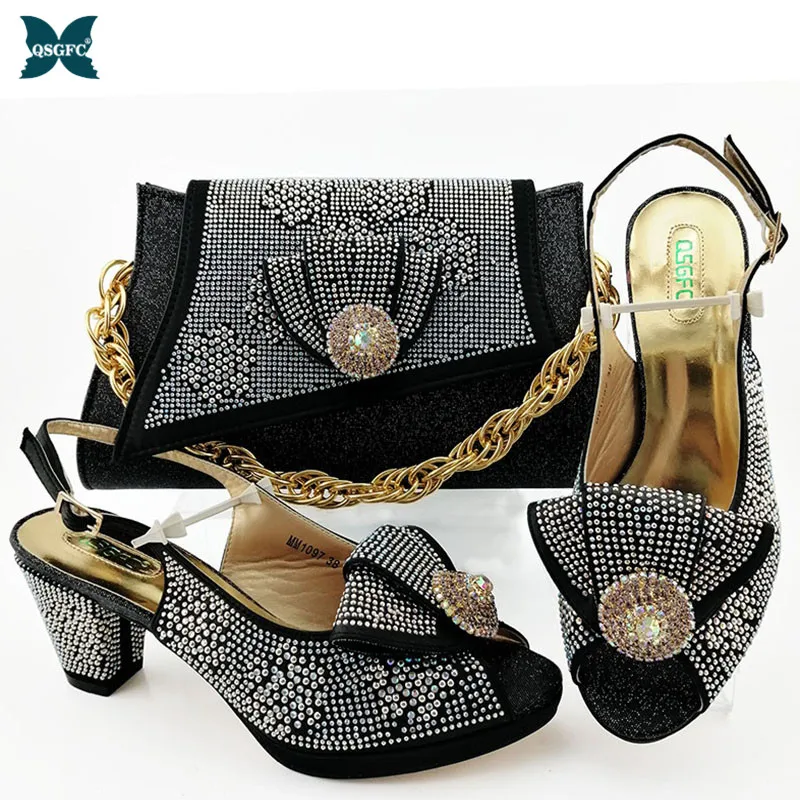 

High Quality Italian design Shoes and Bag Set Decorated with Rhinestone Women Shoes Black Color Nigerian Style Shoes and Bag Set