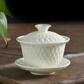 

Whiteware Kung Fu Tea Set Jade Porcelain Small Number Three-Force Bowl Cover Bowl Tea Bowl Cup with Cover Pot Ceramic Gaiwan