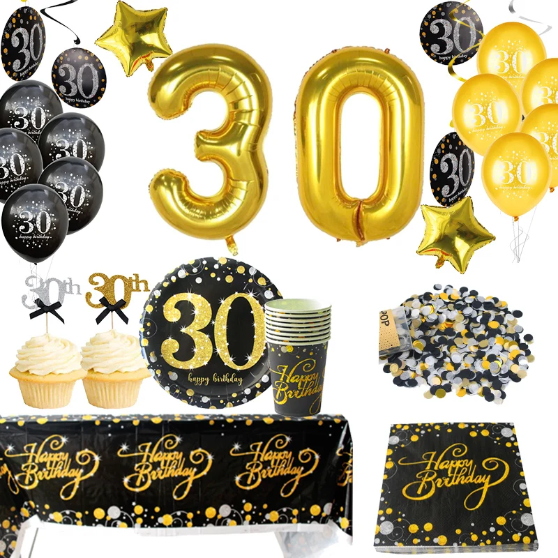 

Cyuan 30th Birthday Decorations Party supplies 30 Gold balloons Sparkling Hanging Swirls 30 Years Disposable Tableware Kit