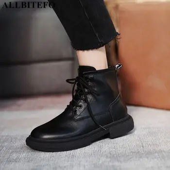 

ALLBITEFO high quality genuine leather low-heeled comfortable women boots thick heels ankle boots for women autumn women heels