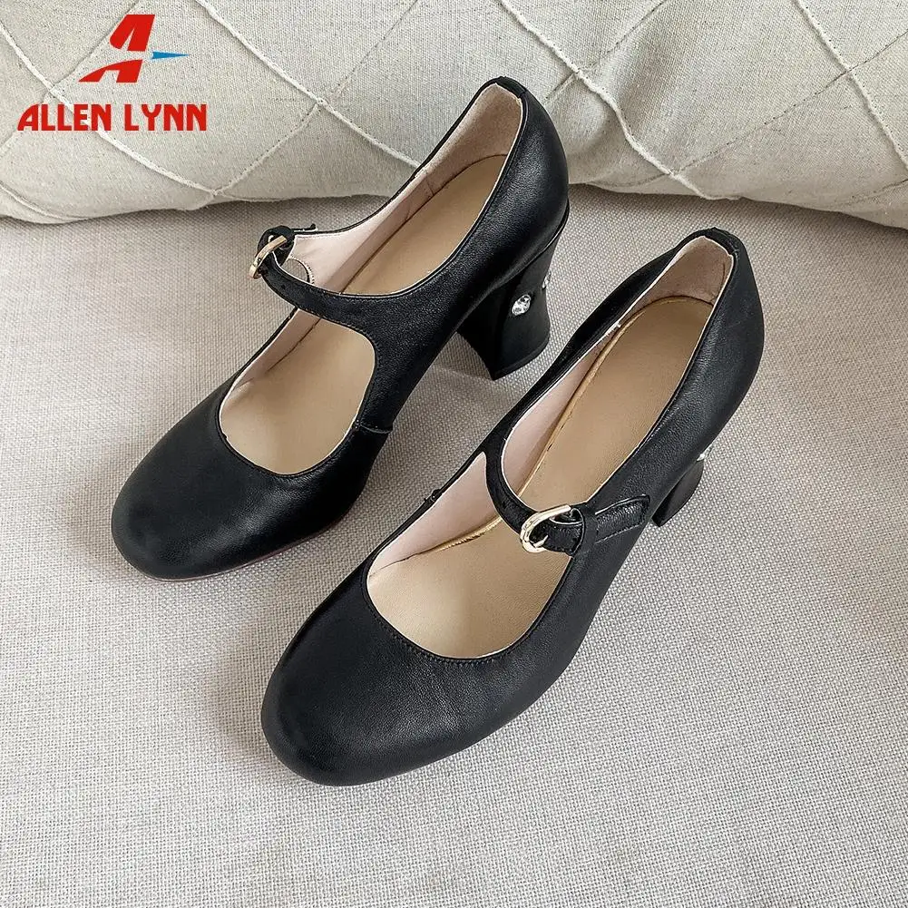 

ALLEN New Lady High Block Heels Shoes Woman Elegant Shallow OL Mary Janes Pumps Women Quality Office Genuine Leather Pumps