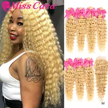 Miss Cara-mechones de pelo humano Remy con cierre, mechones de pelo ondulado, color rubio peruano, 100%, 3 mechones