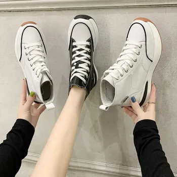 

2020 autumn new women's boots high-top thick-soled casual women sneakers leather breathable fashion short boots Heel height 4 CM