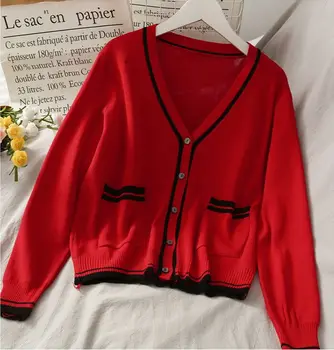 

Women V-Neck Knitted Casual Short Sweaters Cardigans Lady Soft Autumn Patchwork Sweater Cardigan Outwear for Female