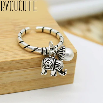 

Wholesale Real Silver Color Tassel Elephant Rings For Women Big Antique Rings Finger Jewelry High Quality
