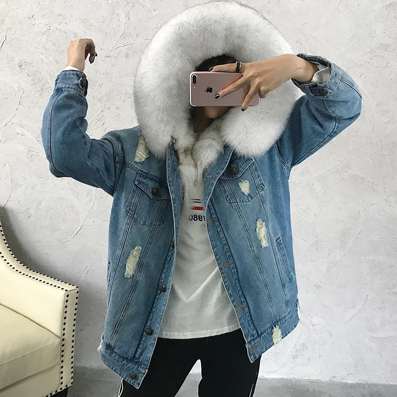 Джинсовая парка натуральный мех пальто зимняя куртка Для женщин сапоги на натуральном лисьем меховой капюшон, воротник толстые теплые зимние ботинки с лисьим мехом верхняя одежда на подкладке - Цвет: 2