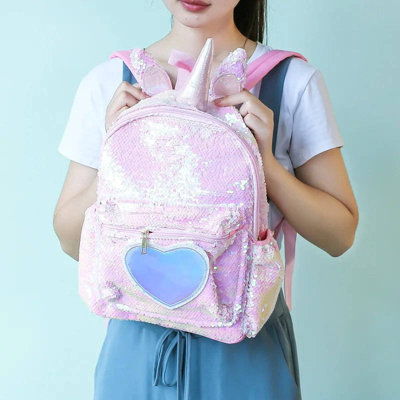 Рюкзак русалки с блестками для девочек, Детский Большой ранец с единорогом на молнии, Подростковый голограмма, сердце, любовь, рюкзак для школы, дорожная сумка