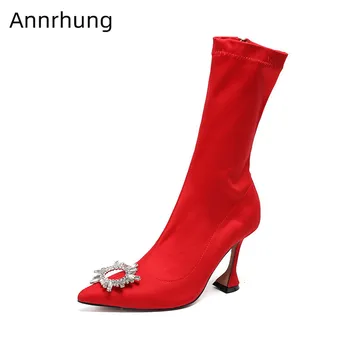 

Sexy Slim Ankle Boots Women Crystal Sunflower Buckle Decor Stretch Fabric Runway Botas Pointed Toe Goblet Heel Short Booties