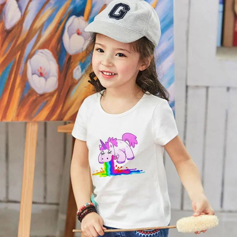 

Summer Cute Cartoon T Shirt Boy Unicorn Girl T Shirts Rainbow Horse Korean Design Childrens Top White Round Neck Baby Clothing