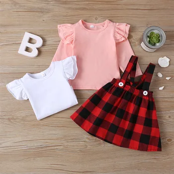 

Girls Christmas Costume Set Red Plaid Suspender Skirt Long-sleeved T-shirt Autumn Children 2 Pieces Hot Selling
