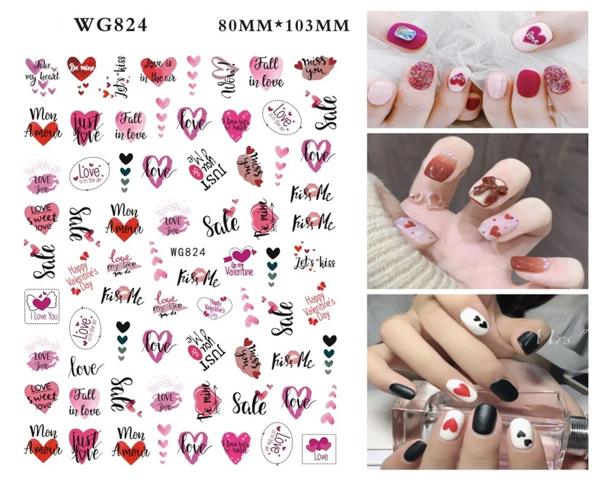 

1 Sheet 3D Heart-shaped Nail Sticker Nail Transfer Sliders Water Sticker Tips Decals Nail Art Decoration for Valentine's Day