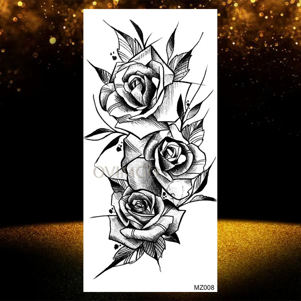 OMZ008 Rose Peony Flower Girls Temporary Tattoos Waterproof Black Tattoo Stickers Blossom Lady Shoulder Tatoos Leaf Branch Sexy Tatoos - Цвет: OMZ008