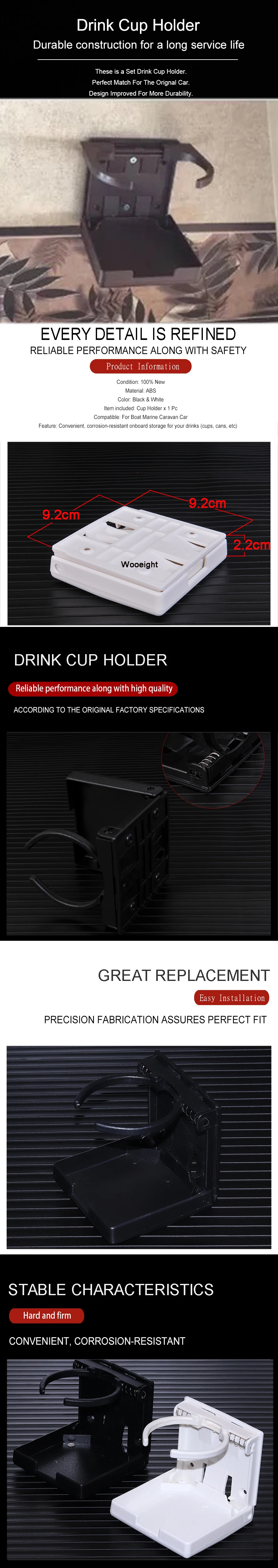 Wooeight Universal ABS Black White Adjustable Drink Folding Cup Bottle Coffee Stand Mount Drink Holder For Car Boat RV Marine (9)