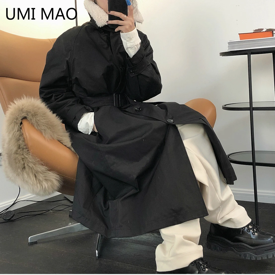 

DARK Korean Loose Lapel Quilted Coat Women's Long Thickened Waist Black Down Jacket 2020 Winter New Style