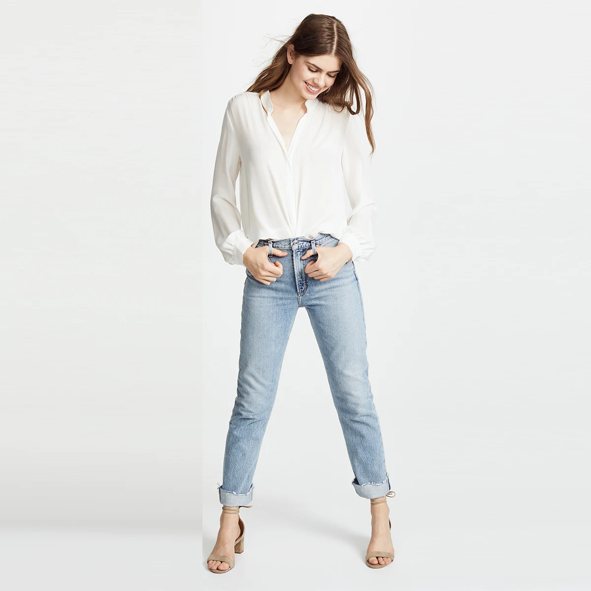 Fashion Elegant Blouse Commute OL Style Solid White Color Office V-neck Long-sleeved Shirt Female |