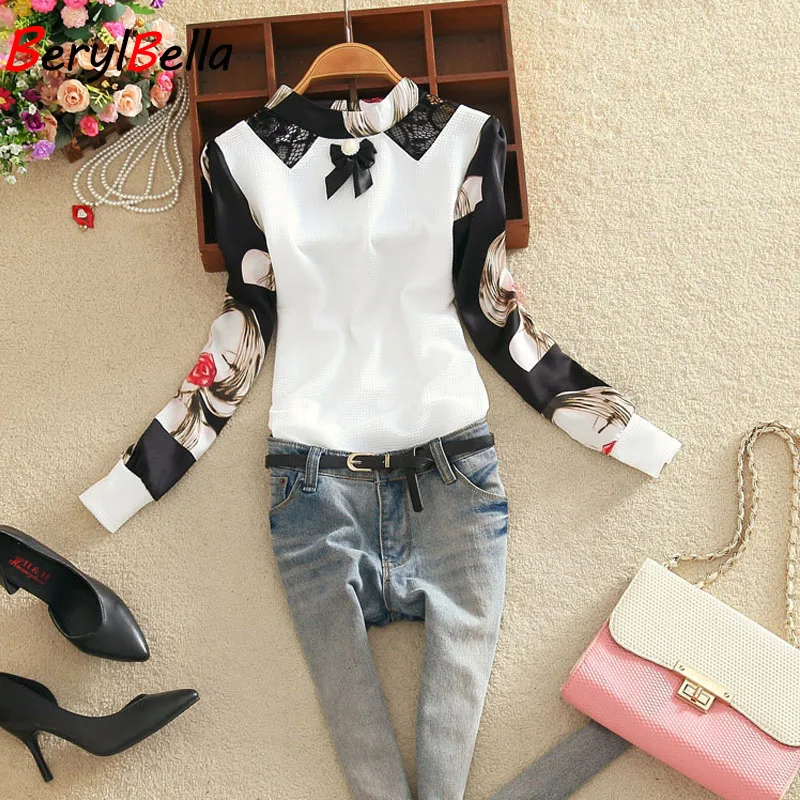 

Women Blouses Summer Stand Collar Chiffon Blusas Slim Long Sleeve White Red Tops Girls Printed Feminina Shirts