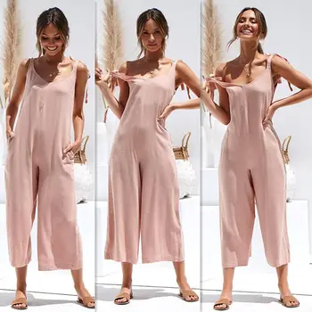 

2020 women solid fresh overalls jumpsuits vogue candy color summer casual rompers trousers playsuits woman jumpsuit backless