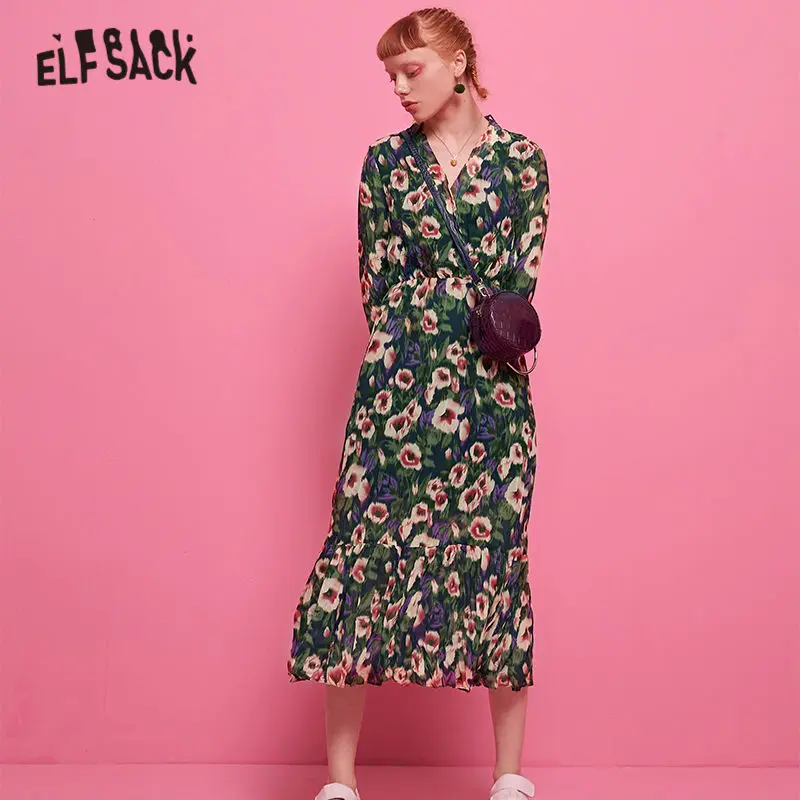 ELFSACK платье в стиле бохо с цветочным принтом женская одежда осень 2019 длинные