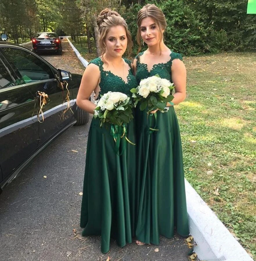 YiMinpwp Country Dark Green Bridesmaid Dresses Sheer Neck Illusion Appliques Floor Length Bohemian Beach Wedding Guest Gowns | Свадьбы и