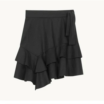 

Asymmetric Women's Mini Skirt Ruffled Black Spring Ladies Sexy Casual Female Waist Bow Tie Short Skirts