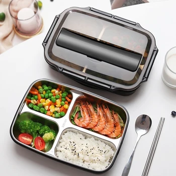 

Portable Stainless Steel Lunch Box 2020 New Japanese Style Quarter Grid Compartment Bento Box Kitchen Leakproof Food Container